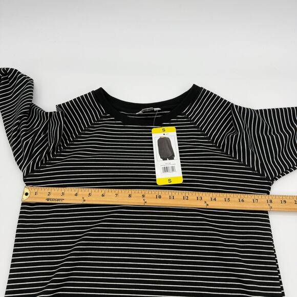 New DANSKIN Pullover Shirt Womens Size S Relaxed Stretch Faux Wrap Black White - Picture 5 of 6